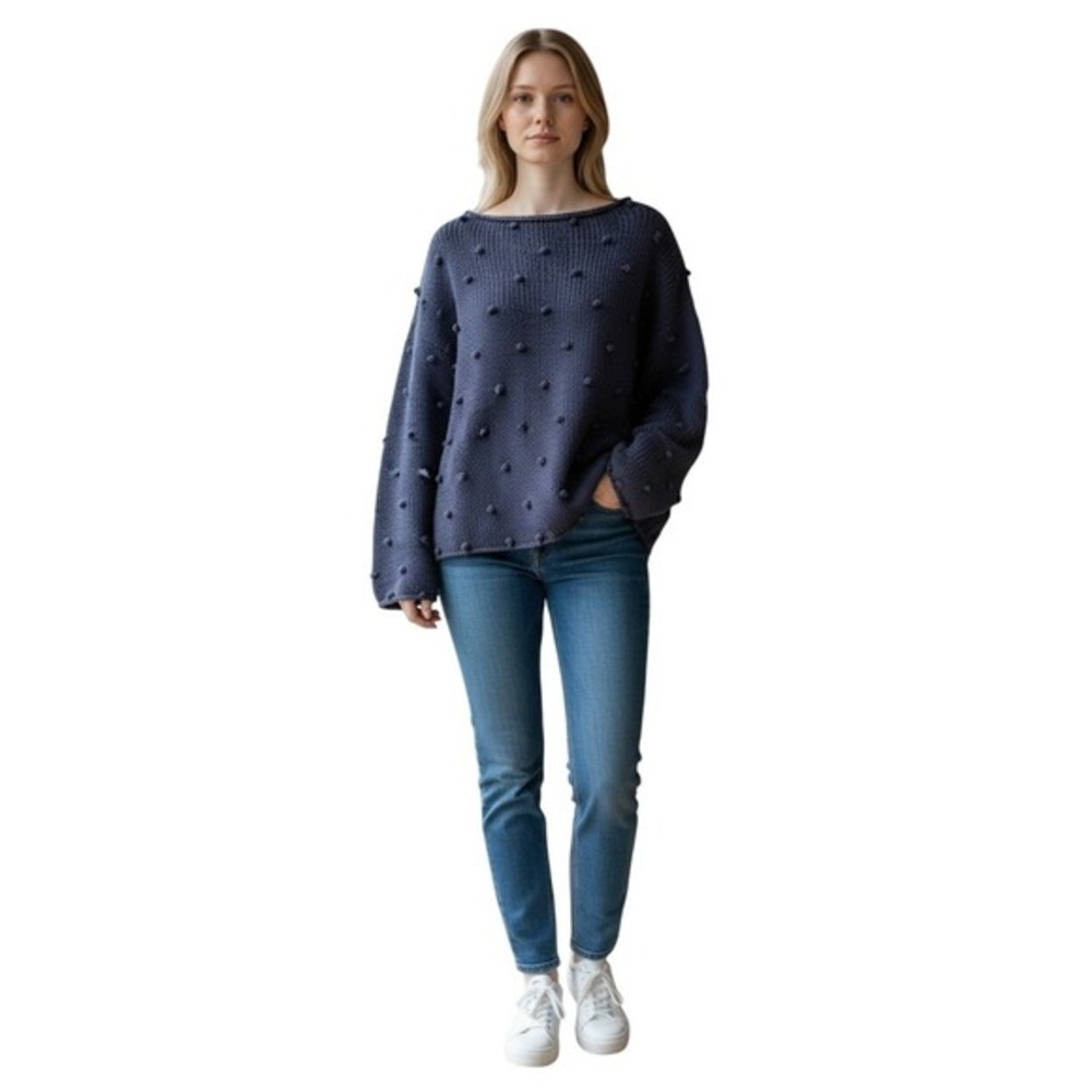 Pure Handknit Blue Cotton Bobble Sweater M/L Boat‎ Neck Long Sleeve